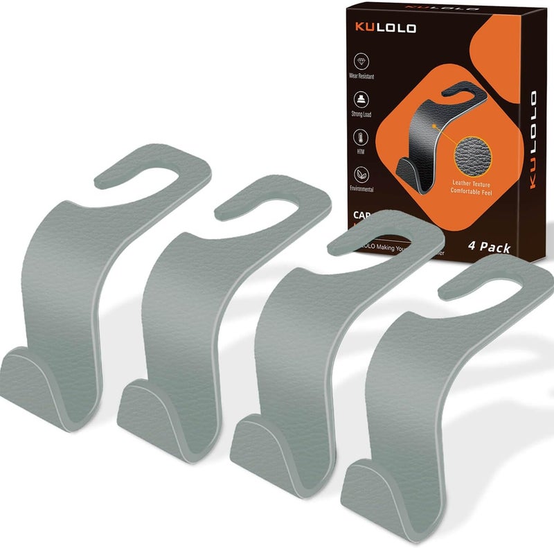 KULOLO Car Seat Hooks & Purse Holder - 4 Pack Boxed,55 lb Heavy Duty,Eco PP Car Hooks for Purse/Bag/Baby Gear/Gym Bag/Groceries/Cup/,Fits 0.32-0.55”Car Headrest Rods (Grey-2) - Image 1